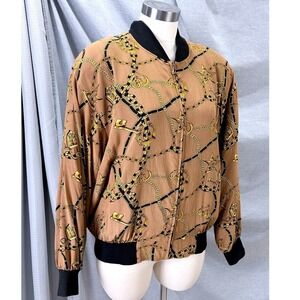 Vintage Spenser Jeremy 100% Silk Bomber Jacket Gold Chain Print Tan Black Sm 90s